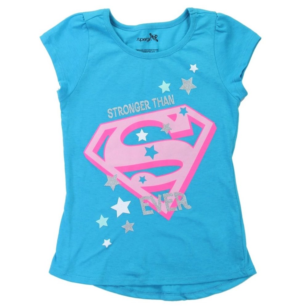 Supergirl TShirt Toddler Girls Short Sleeve T-Shirt Aqua Blue Glitter Tee 2T